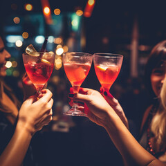 Wall Mural - Lady's night out, group of female friends partying and celebrating 40 birthday in bar with margaritas