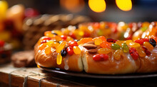 A close-up of traditional Rosca de Reyes, a sweet bread typically enjoyed during Three Kings Day, adorned with candied fruits. The bread is beautifully braided and shaped into a ring. generative ai