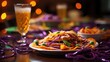 A delicious display of traditional Mardi Gras cuisine, including king cake, jambalaya, and beignets, arranged on a festive table. Dishes are adorned with purple, green, gold holiday. generative ai