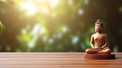 Wall Mural - wooden empty floor display zen wellness meditation serenity buddha statue  - by generative ai