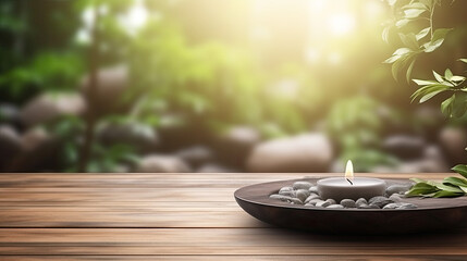 Wall Mural - wooden empty table display zen wellness spa serenity candle  relax - by generative ai