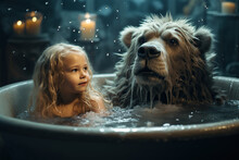 Picture Of A Little Child In A Bathtub Playing In The Water With His Pets