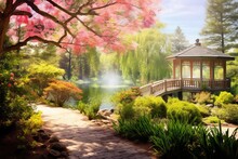 A Blooming Garden By The Lake With A Gazebo. Photo Wallpapers, Generative AI