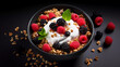 healthy granola with fresh fruits on a black background