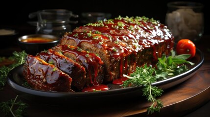 Poster - delicious meatloaf with vegetable topping, black and blurred background