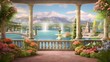 Beautiful view of the lake and mountains from the blooming garden. Digital collage. Wallpaper. Poster design. Gazebo with a fountain, Generative AI