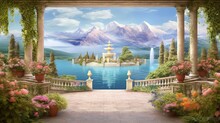 Beautiful View Of The Lake And Mountains From The Blooming Garden. Digital Collage. Wallpaper. Poster Design. Gazebo With A Fountain, Generative AI