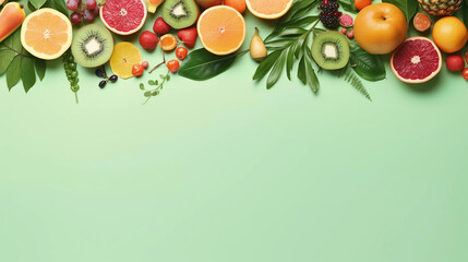 frame of healthy fruit on a green background flat lay