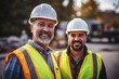 © Stavros - Men builders in reflective vests and protective helmets pose for photo smiling during work break. Cheerful workers friends in warm uniforms stand on construction site with operating tractor