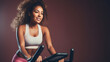 Young African American woman sweats it out on digital exercise bike, Generative AI