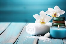 Spa Treatments On Blue Wooden Table Background, Massage Salon Mockup, Generative AI Illustration