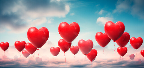 Wall Mural - Red heart balloons flying in the sky. Valentine's day background.