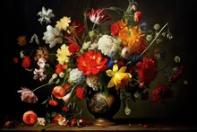 Flower Still Life Bouquet In Vintage Vase, Ancient Dutch Masters Imitation, Abstract Generative AI Illustration