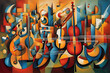 orchestra themed cubist style abstract painting of musical instruments