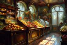 The Interior Of An Old Fashioned Fruit Shop With Products On Display On Shelves And Counters