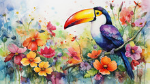 Watercolor Painting Of A Beautiful Toucan In A Colorful Flower Field. Ideal For Art Print, Greeting Card, Springtime Concepts Etc.