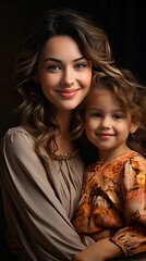 Wall Mural - Woman mama in light clothes have fun with cute child baby girl. Mother little kid daughter on wall background studio portrait. People portrait illustration. Generative AI