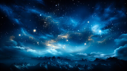 Wall Mural - dramatic landscape of an unknown planet, with high stone mountains, cosmic clouds, smoke, and fire. 