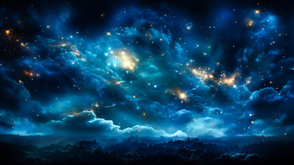 Wall Mural - dramatic landscape of an unknown planet, with high stone mountains, cosmic clouds, smoke, and fire. 