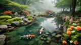 photo of a clear view of a koi fish pond in a garden made by AI generative