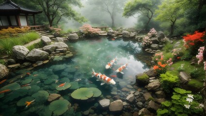photo of a clear view of a koi fish pond in a garden made by AI generative