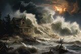 Fototapeta  - Severe storm leads to island deluge and extensive destruction. Generative AI