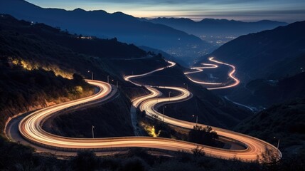 Canvas Print - Lights and trails of vehicles, cars and trucks, circulating along a road of mountain between ravines with circular curves closed in the nightfall