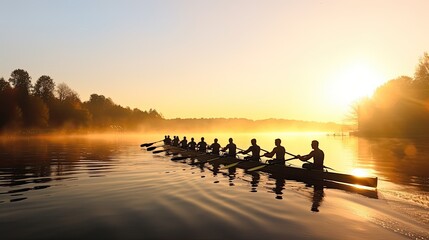 Wall Mural - Mixed race rowing team training on a lake at dawn