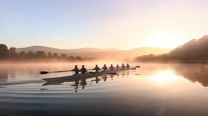 Wall Mural - Mixed race rowing team training on a lake at dawn