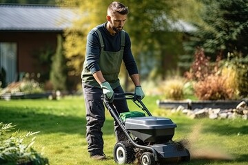 Garden Meadow Lawn Cutting, a Worker Mows Grass, Plant Cut, Garden Care, Generative AI Illustration