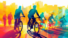 A Diverse Group Of Female And Male Cyclists From Road Racers, Ebike Riders And Mountain Bikers Shown In A Contemporary Athletic Abstract Design, Computer Generative AI Stock Illustration Image