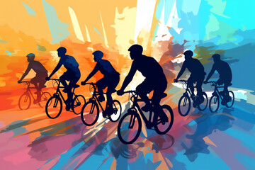 Wall Mural - A diverse group of female and male cyclists from road racers, ebike riders and mountain bikers shown in a contemporary athletic abstract design, computer Generative AI stock illustration image