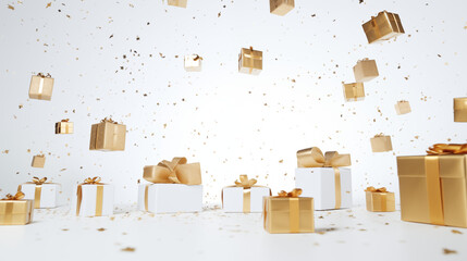 3d gold white gifts boxes with white background