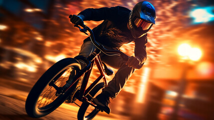 BMX bicycle isolated biker on blurred motion dirty background