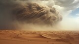 Fototapeta Natura - Heavy sand and dust storm above desert land on hot summer day. Danger and power of wild nature. Huge cloud carried by wind artwork