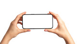 Fototapeta  - Mobile phone display mockup, horizontal smartphone screen in hands, isolated on white