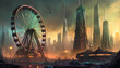 Dystopian view of a futuristic city at sunset, with the old disused Ferris wheel. In the sky some flying vehicles. Dense, polluted and depressive atmosphere.