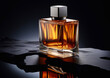 Glass bottle of luxury fragrance perfume for men on stone plates and black background.Macro.AI Generative.