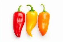 Top View Of Three Vibrant Peppers On A White Background. Generative AI