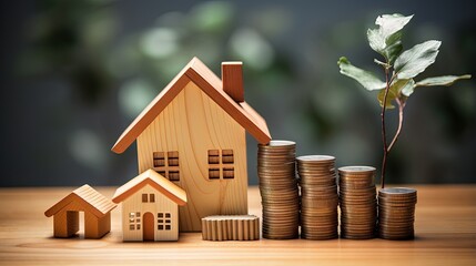 Sticker - House and property investment and asset management concept. Loan, Mortgage, Inflation, Sale and tax rise. House icon and percentage sign on wooden block. Home price or increase of interest rate.