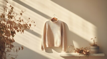 Poster - Aesthetic minimalist sustainable woman fashion clothes concept. Light brown, neutral beige wool sweater hanging on a white empty wall background with lifestyle floral sunlight shadow.