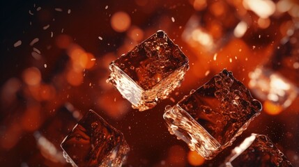 Sticker - Close up view of the ice cubes in dark cola background. Texture of cooling sweet summer's drink with foam and macro bubbles on the glass wall. Fizzing or floating up to top of surface.