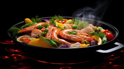 Wall Mural - Cooking seafood, frying in a pan with vegetables, veggie healthy food, on a black background, menu and restaurant business