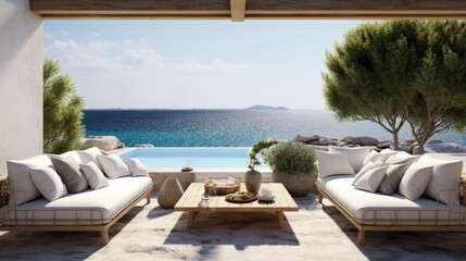 Aufkleber - Outdoor lounge area of a luxury villa with a view of the Mediterranean sea. Summer vacation at poolside. above the sea