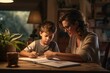 Mother helping her son with homework at home. Little boy learning at home.