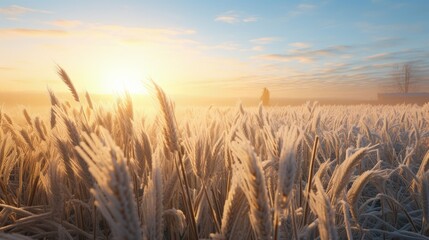 Fototapete - Field with winter wheat crops, leaves of germinating grain covered with morning frost. Sunrise early in the morning on the farm field.