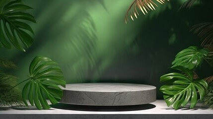 Poster - An empty podium made of gray stone on a green background with a shadow of tropical leaves. Scene for the promotion of products, beauty, natural eco-cosmetics. Showcase, display case.