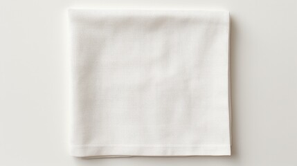Poster - top view with white empty kitchen napkin isolated on table background. Folded cloth for mockup with copy space, Flat lay. Minimal style.
