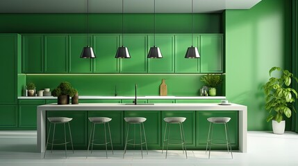 Aufkleber - Green kitchen room and minimalist interior design.3d rendering