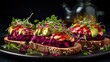 gluten free vegan sandwiches with beet hummus, raw vegetables and sprouts.